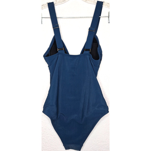 Kona Sol Womens Ribbed One Piece Swimsuit Small Blue Zipper Front Resort Beach - Picture 5 of 13